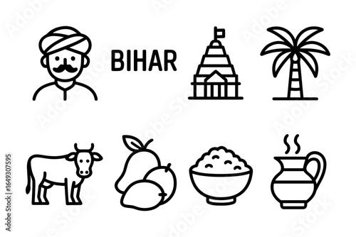 Bihar icons: cultural symbols in linear style with traditional elements and landmarks