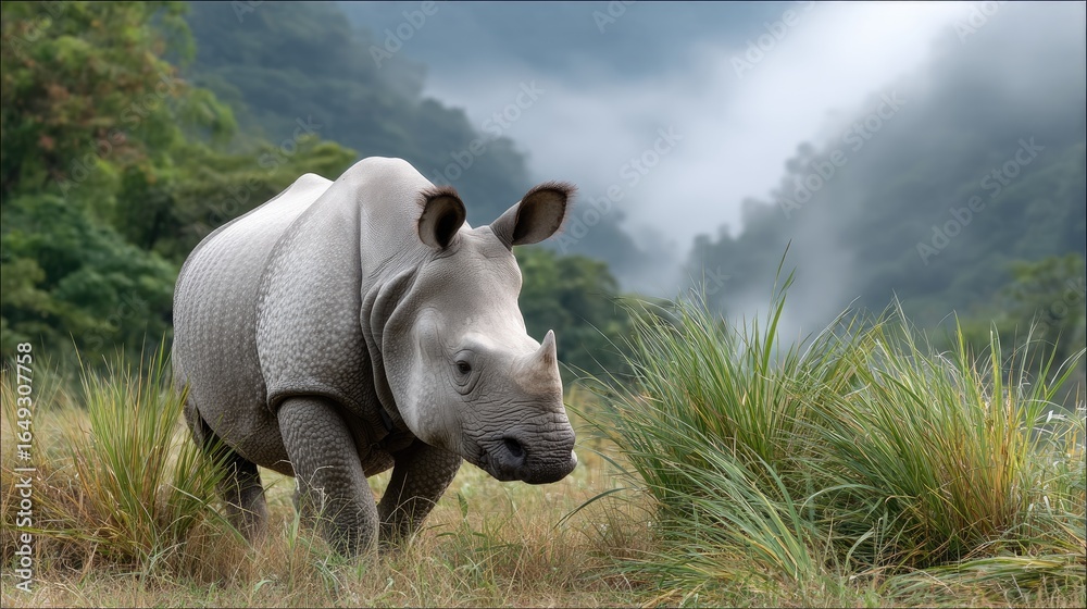 Fototapeta premium An Indian one horn rhinoceros explores a verdant grassland, surrounded by tall wild grass and shrouded in gentle morning mist