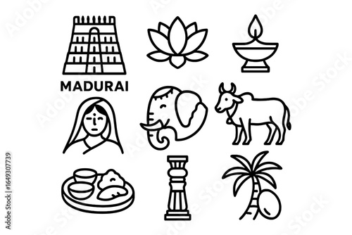 Madurai icons: temples, culture, and traditions in linear design