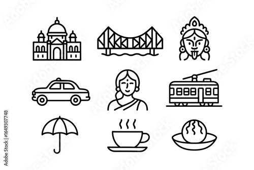 Iconic kolkata elements in minimalist outline style