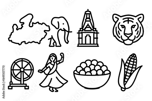 Indian culture elements in outline style featuring iconic symbols and traditional icons