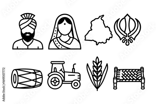 Punjabi culture icons: traditional symbols and heritage in linear style