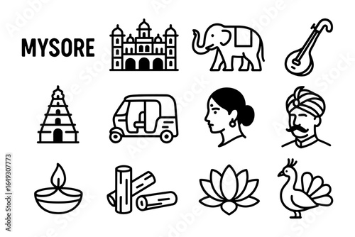 Iconic symbols of mysore: palace, elephant, traditional artifacts in linear style