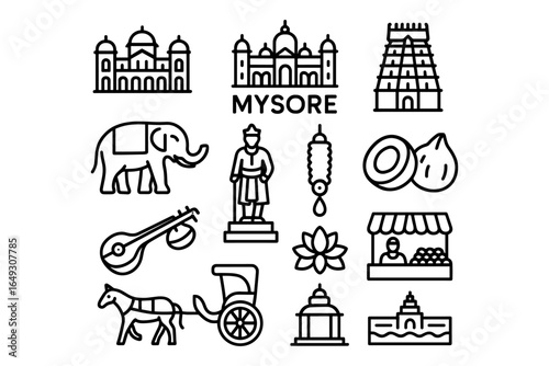 Linear icons of mysore: culture, landmarks, and traditions in clean design