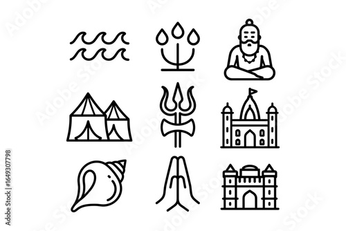 Indian culture icons featuring temples, meditation, and traditional symbols in a linear style