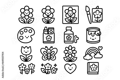 Cute floral cartoon designs for creative projects in a minimal linear style