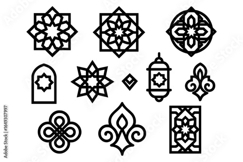 Ornamental geometric patterns and icons in bold linear design