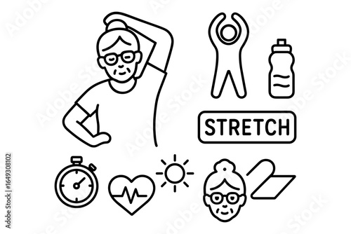Senior fitness icons: stretching, hydration, and wellness activities