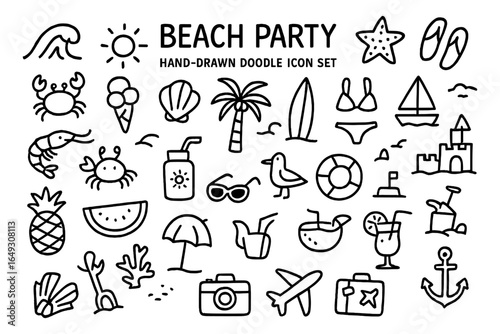 Hand-drawn beach party icons set: summer doodle collection