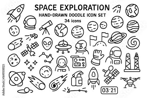 Space exploration doodle icons: hand-drawn collection of celestial and astronautic symbols