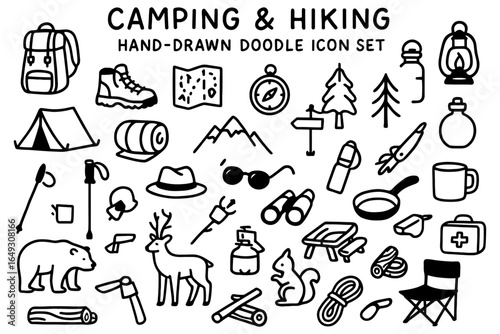 Camping and hiking essentials hand-drawn doodle icon set