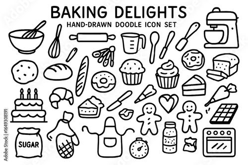 Hand drawn baking doodle icons collection for creative kitchen design