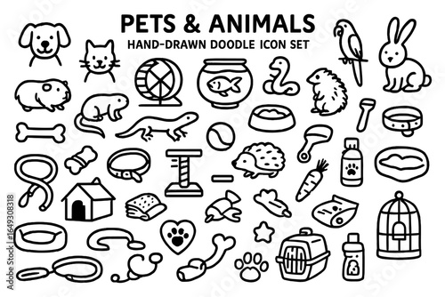 Hand-drawn pet and animal doodle set featuring various icons