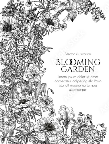 Floral vector frame. Invitation template with graphic flowers. Daffodils, lilies of the valley, irises, anemones, scilla, violet, brunnera, delphinium, campanula, double poppy 