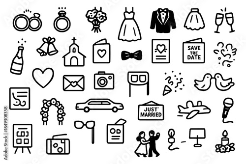 Wedding celebration icon set featuring rings, dress, tuxedo, and more in linear style