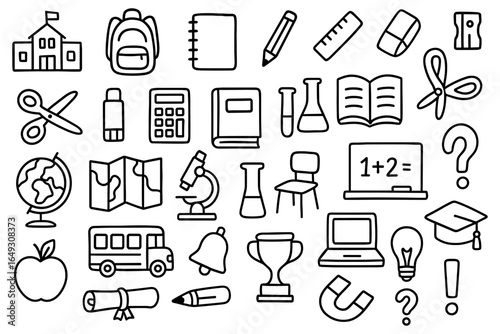 School supplies icons: education essentials in simple line art style