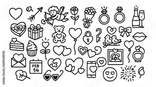 Romantic line art: valentine's day icons featuring hearts, cupid, and gifts