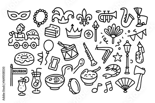 Hand drawn mardi gras elements including jazz, crowns, and masks