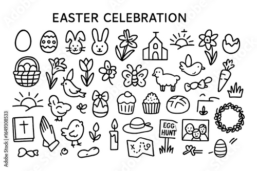 Easter celebration doodles with eggs, bunnies, flowers, and icons