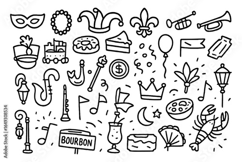 Mardi gras celebration icons featuring music, food, and festive elements in doodle art style