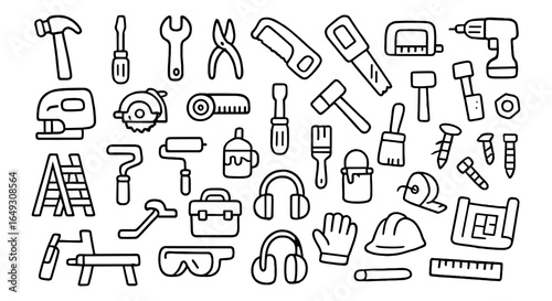 Hand drawn outline of construction and repair tools set
