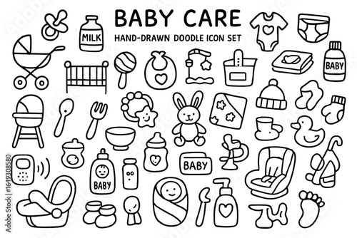 Hand-drawn baby care doodle icon set with crib, toys, and essentials