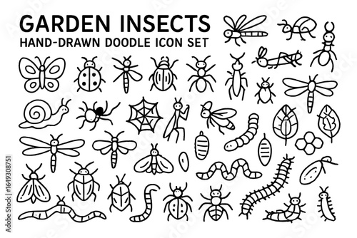 Hand drawn doodle icon set of garden insects with fun and whimsical designs