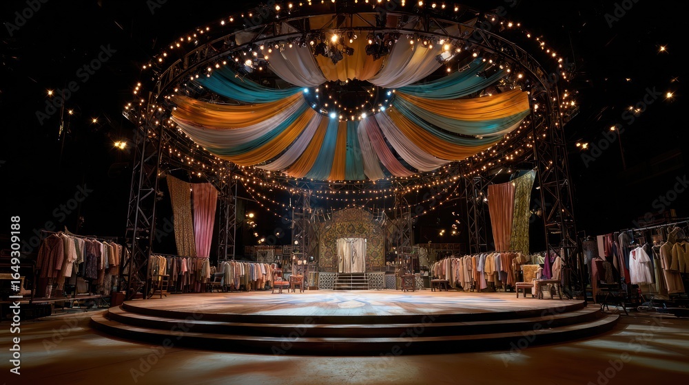 Obraz premium Theater stage, round with tiers, draped fabrics, and clothes racks in the background