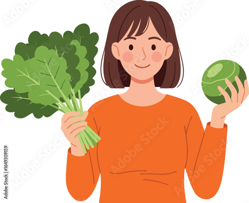 Happy woman with fresh green vegetables promotes healthy eating and organic lifestyle choices