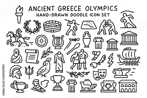 Hand drawn ancient greece olympics icon set with traditional symbols
