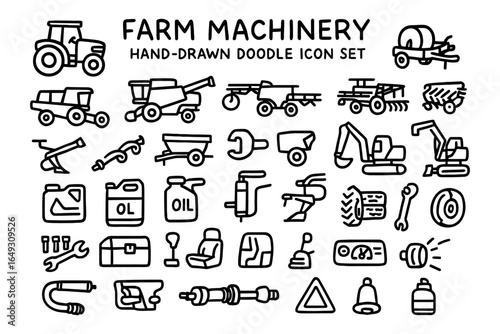 Hand-drawn farm equipment icons set featuring agricultural vehicles and tools