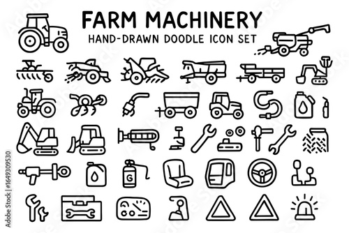 Hand drawn farm machinery icons set featuring tractors, tools, and agricultural equipment