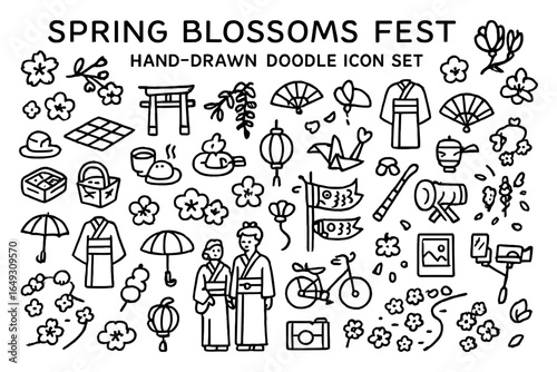 Spring blossoms fest doodle icon set featuring traditional japanese symbols and outfits