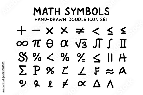 Hand-drawn doodle icon set featuring various math symbols and greek letters