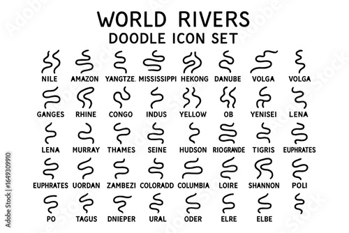 World rivers doodle icon set: hand drawn waterway symbols featuring global river names
