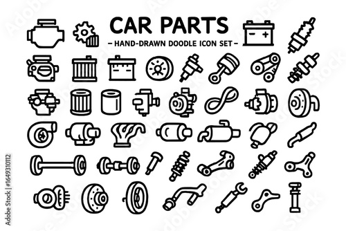 Hand-drawn doodle icons of car components and accessories set