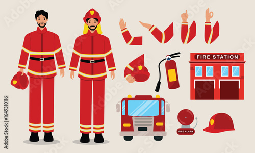 Firefighter themed vector collection with fire safety tools, emergency vehicles, fire truck, and fire stations