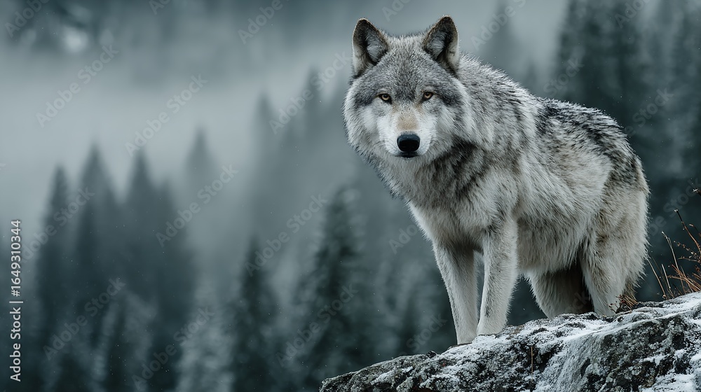 Obraz premium Majestic Grey Wolf Portrait Staring in Snowy Wilderness with Foggy Forest Backdrop, Captivating Wildlife Photography Showcasing Beauty of Nature and Solitude in a Wilderness