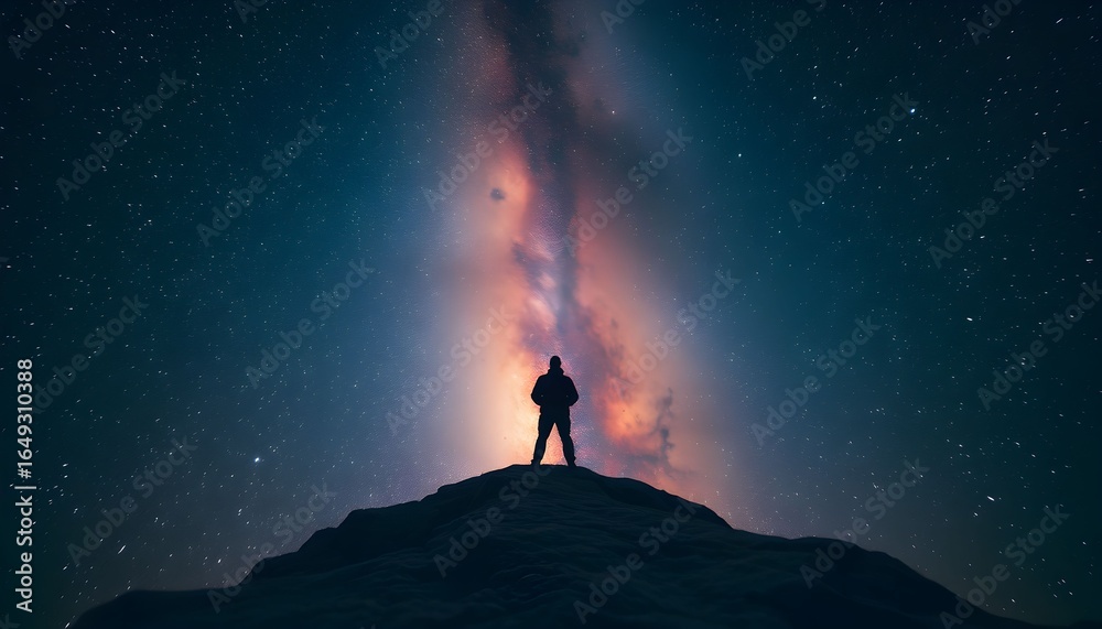 Fototapeta premium A lone figure stands atop a hill under a vibrant, star-filled night sky with the Milky Way stretching above.