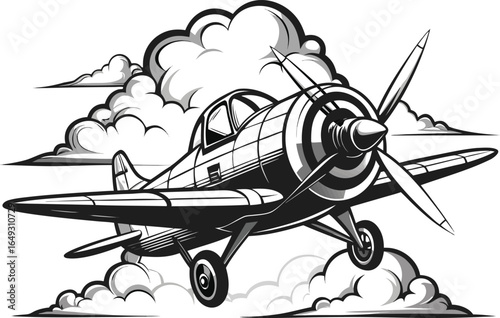 A dynamic black and white illustration of a vintage fighter plane soaring through dramatic clouds with powerful motion