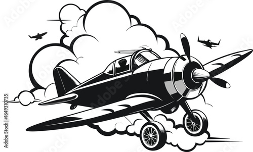 A dynamic black and white illustration of a vintage fighter plane soaring through dramatic clouds with powerful motion