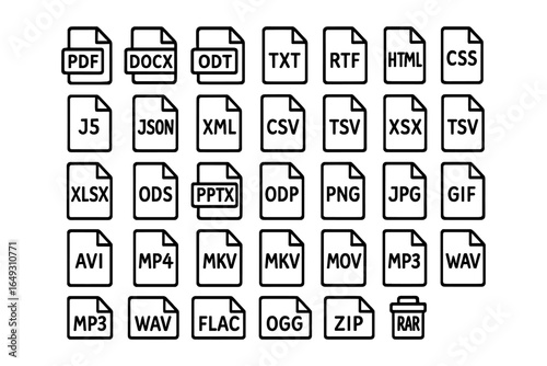 Icon set of common file formats in minimal outline style