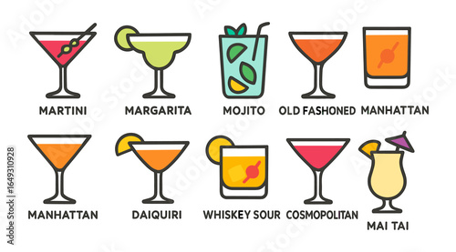 Colorful cocktail icons: martini, margarita, mojito, and more in flat style