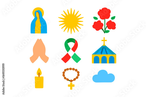Colorful symbols of faith and hope: church, ribbon, candle, flowers, sun, clouds