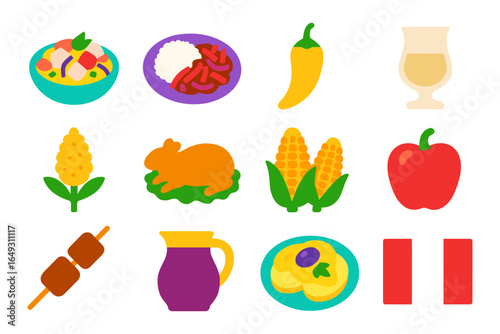Colorful flat icons of peruvian cuisine and traditional foods