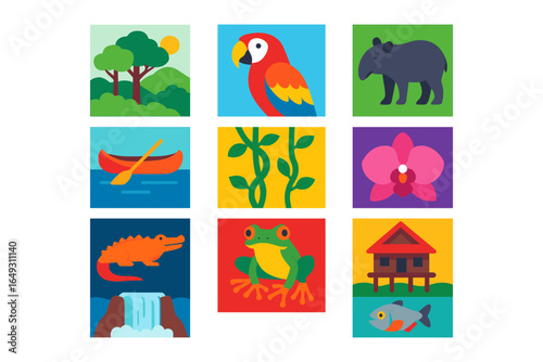 Colorful amazonian wildlife and landscapes flat icons collection