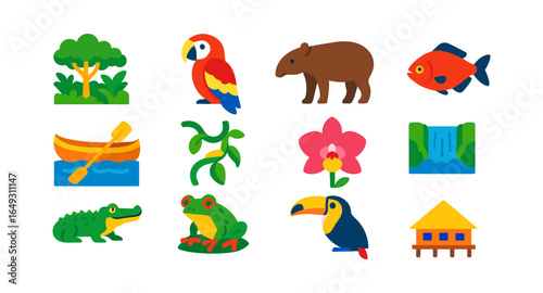 Colorful jungle creatures and tropical nature icons in flat design style