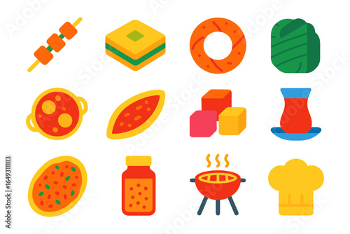 Flat style turkish cuisine icons featuring tea, bread, and skewers