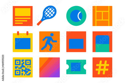 Colorful flat icons featuring sports, technology, and everyday symbols