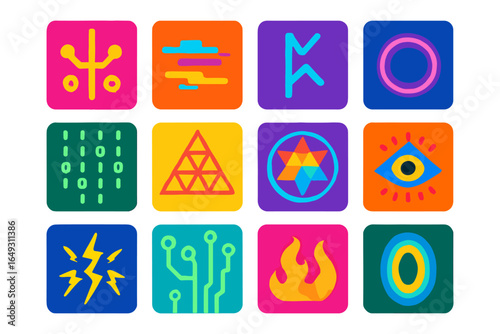 Colorful geometric icons set with modern symbolic shapes in bold flat design